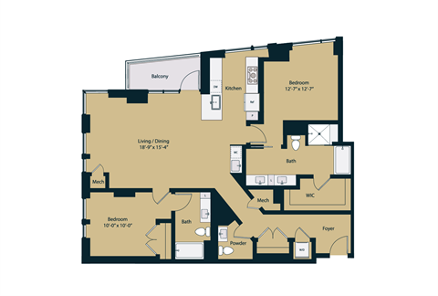 Floor plan for 2 beds, 2.5 baths, 1477 sqft